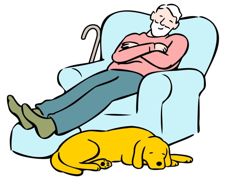 Illustration of dog lying next to owner